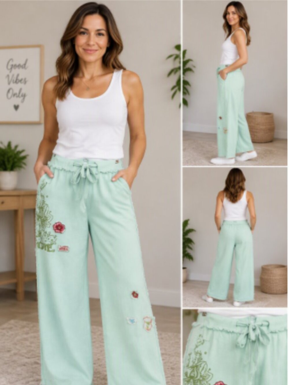 $15sale  AZIZ boho-inspired fun hippie linen blend patch pants mint S-M L NWOT